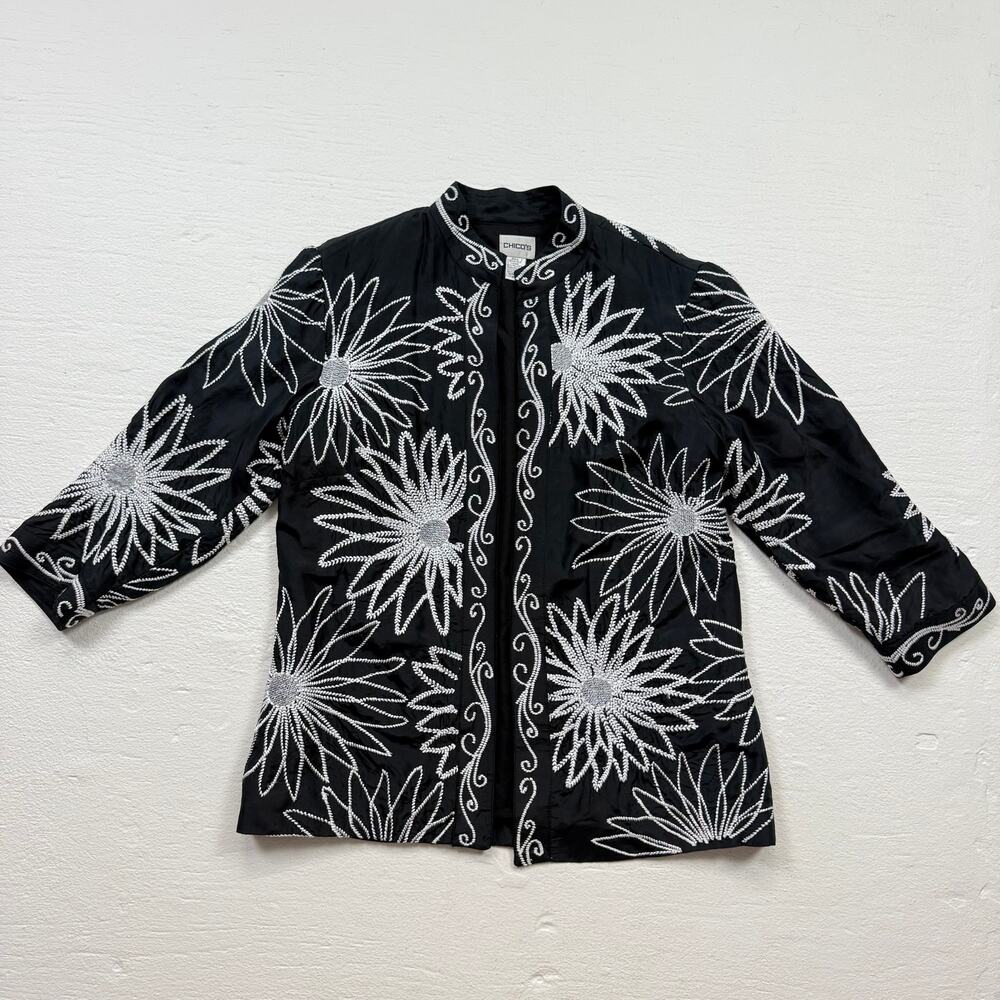 Vintage Chico’s Black White Embroidered Silk Jacket Top, Size 1 (M)